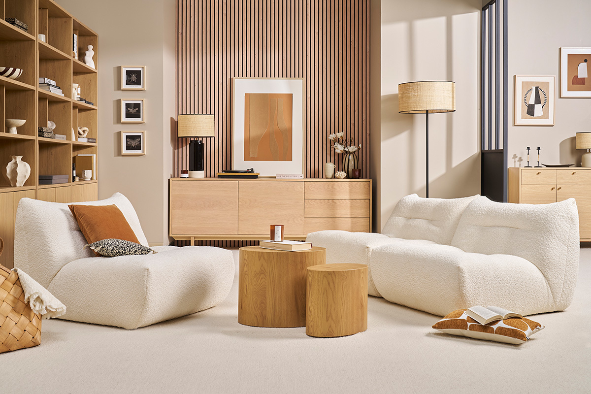 Fauteuil lounge en tissu bouclette blanc cass� BUMPY
