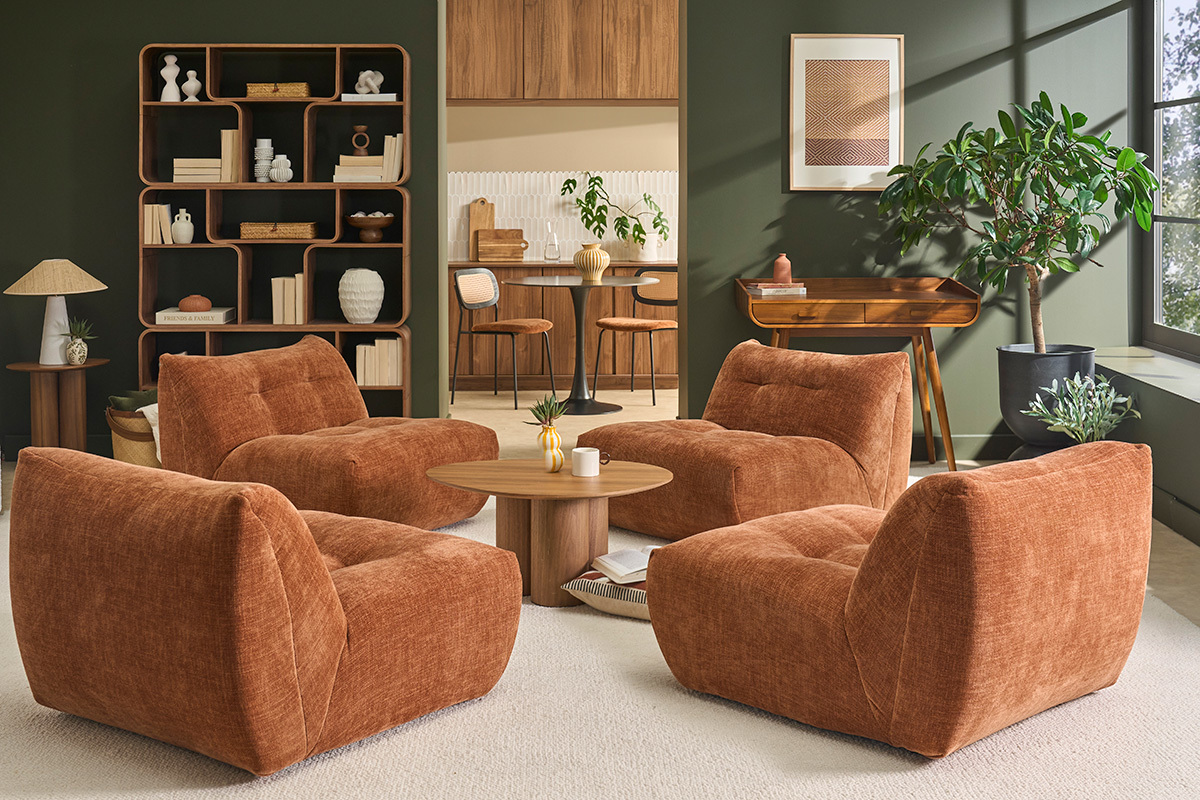 Fauteuil lounge en tissu effet velours textur� terre br�l�e BUMPY