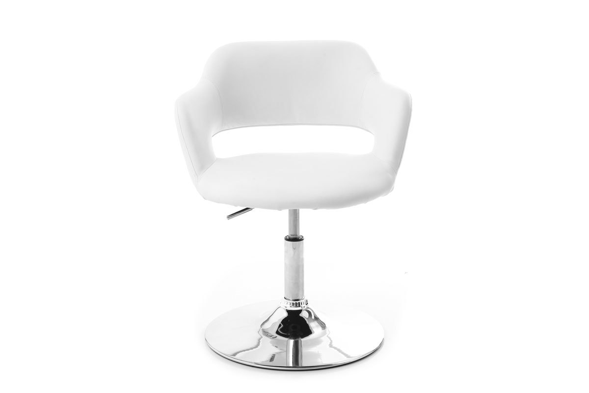 Fauteuil pivotant design blanc avec pi�tement en acier chrom�, vue de face.