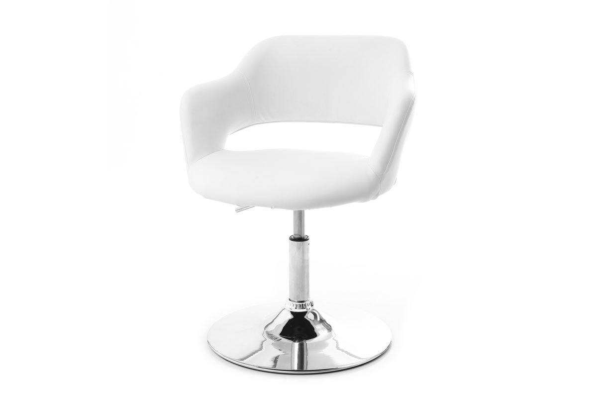 Fauteuil pivotant design blanc avec pi�tement en acier chrom�, vue de 3/4