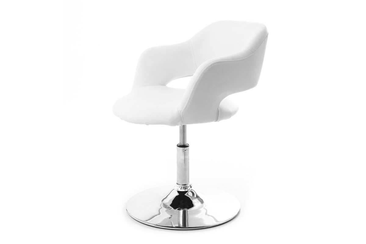 Fauteuil pivotant design blanc avec pi�tement en acier chrom�, vue de profil.