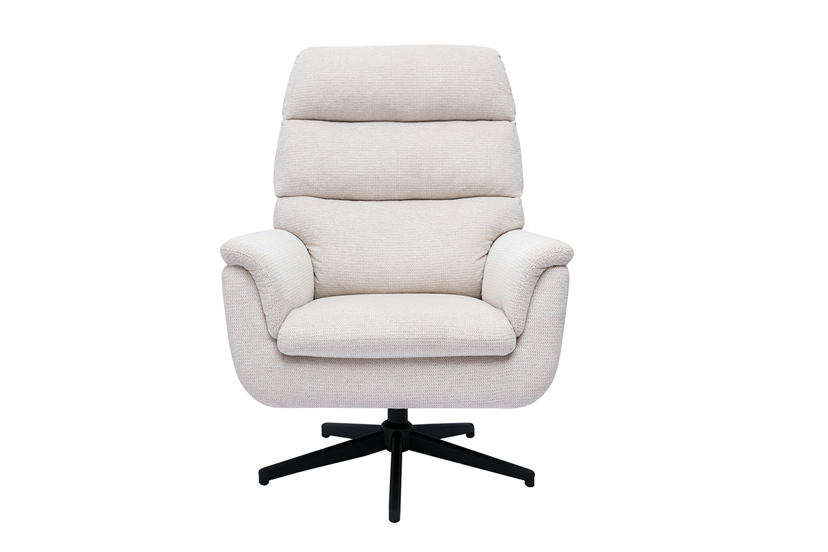 Fauteuil pivotant JONAH en tissu chenille beige avec base en m�tal noir, vue de face
