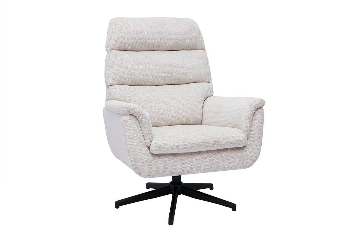 Fauteuil pivotant en tissu chenille beige avec base en m�tal noir, mod�le JONAH, vue de 3/4.