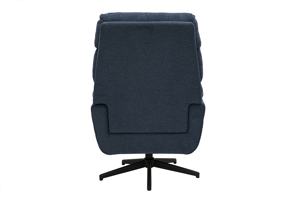 Fauteuil pivotant en tissu chenille bleu fonc�, base en m�tal noir, vue de dos.