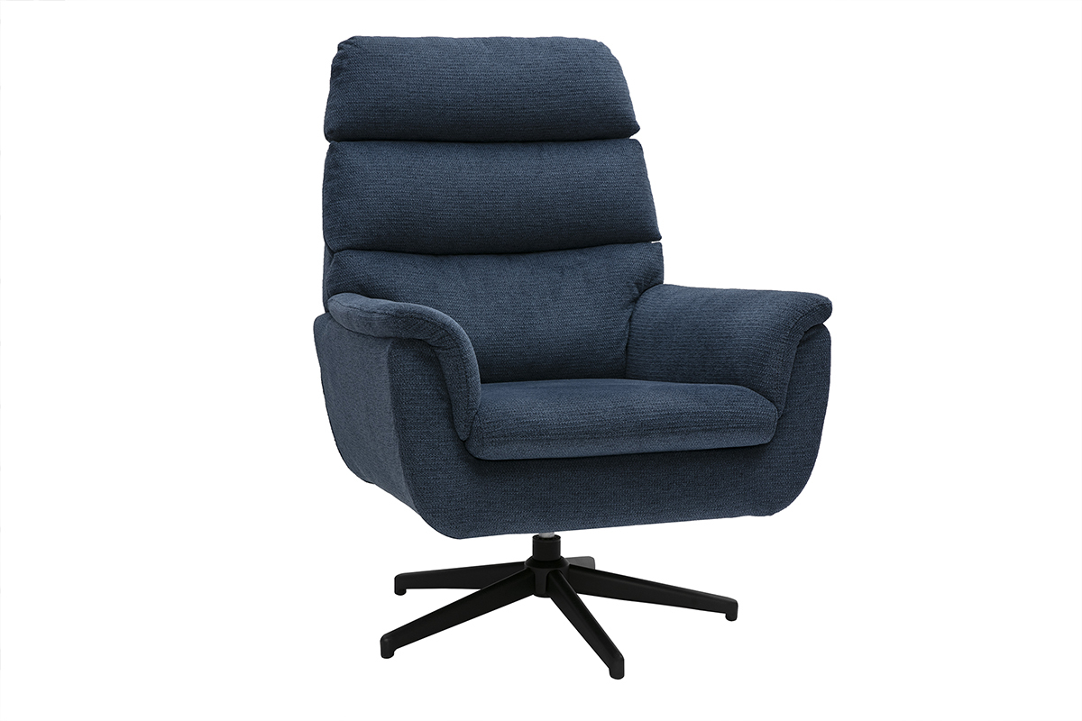 Fauteuil pivotant en tissu chenille bleu fonc� et m�tal noir JONAH