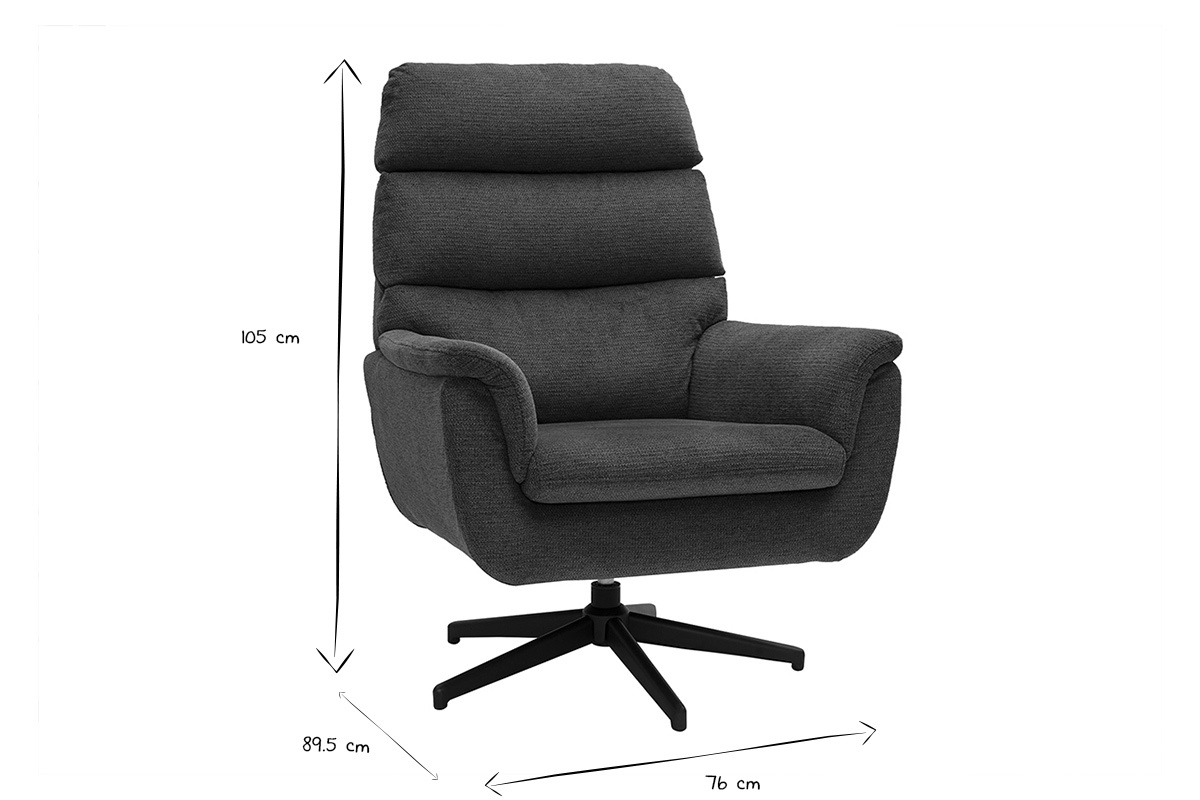 Dimensions du fauteuil pivotant JONAH en tissu chenille bleu fonc� avec base m�tal noir