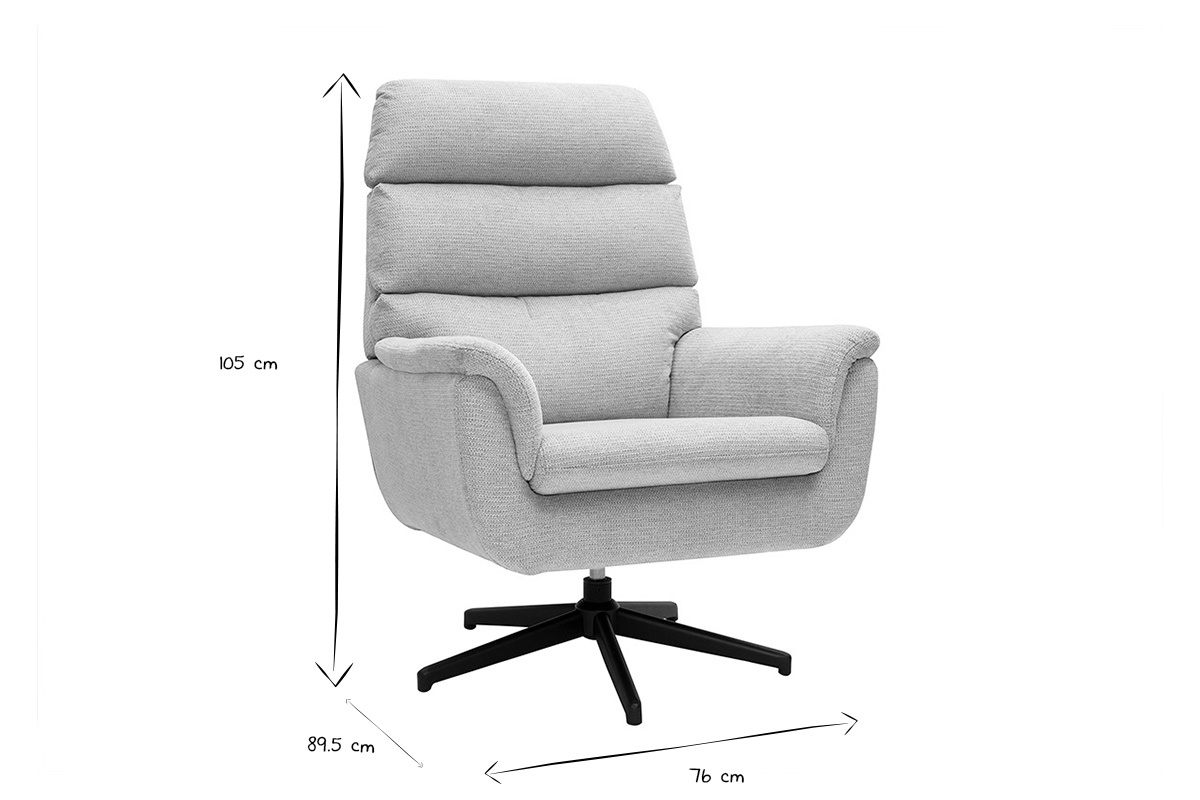 Fauteuil pivotant en tissu chenille gris avec base en m�tal noir, dimensions visibles.