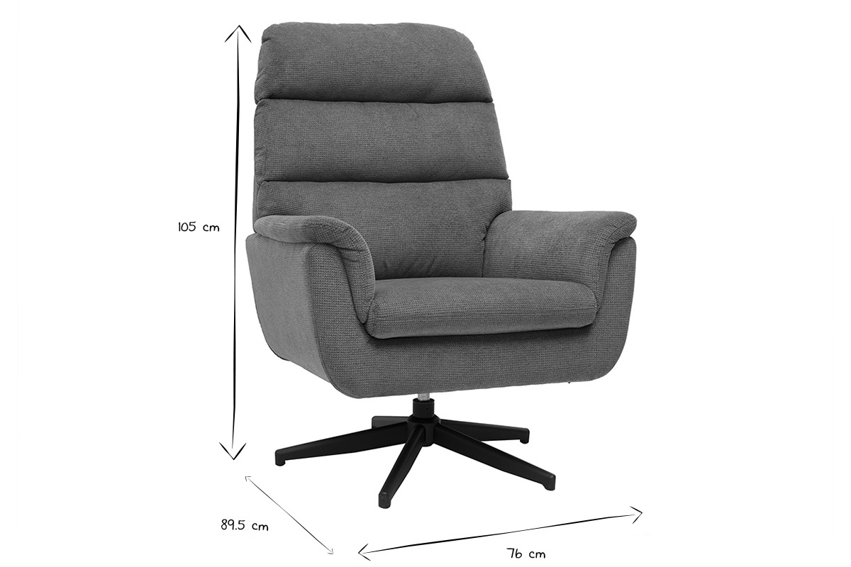 Fauteuil pivotant JONAH en tissu chenille gris avec base en m�tal noir, vue de face.