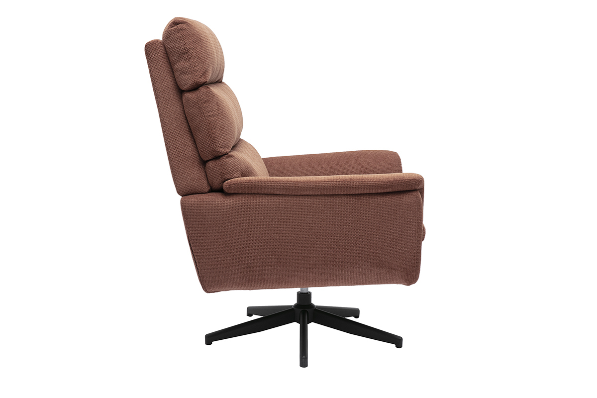 Fauteuil pivotant JONAH en tissu chenille terre br�l�e, vue de profil avec base en m�tal noir.