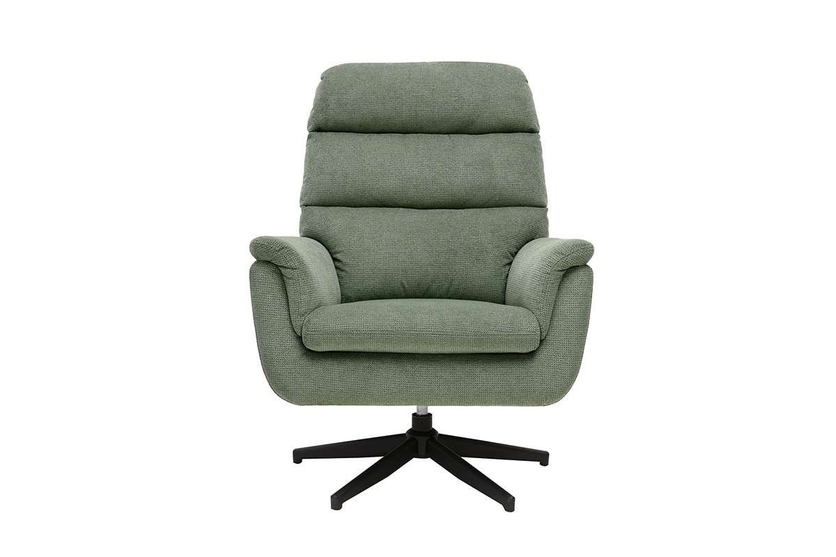 Fauteuil pivotant en tissu vert kaki, vue de face, base en m�tal noir.