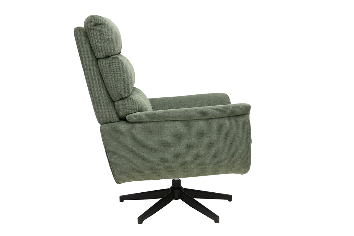 Fauteuil pivotant en tissu vert kaki de profil, base en m�tal noir.