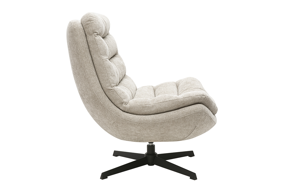 Fauteuil pivotant en tissu effet velours textur� beige, vue de profil, avec pi�tement en m�tal noir.