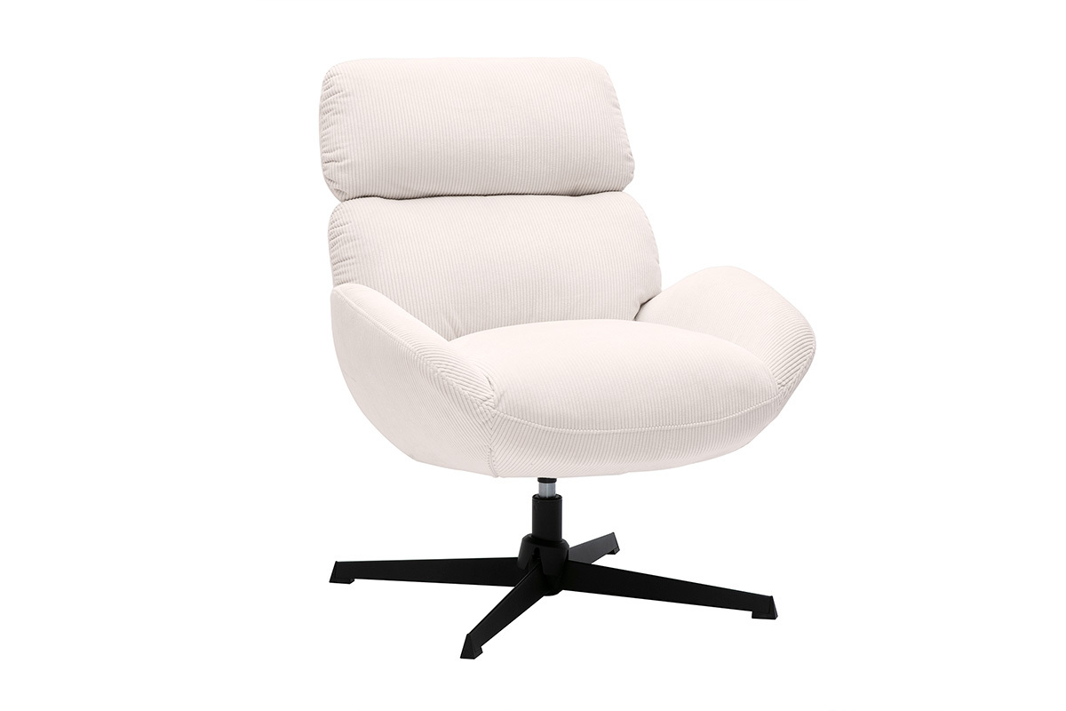 Fauteuil pivotant en tissu velours c�tel� �cru et m�tal noir KLEM