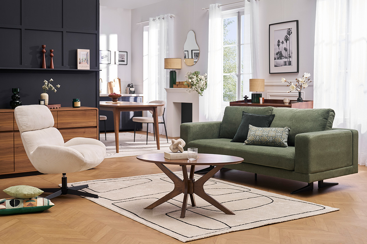 Fauteuil pivotant en tissu velours c�tel� �cru et m�tal noir KLEM