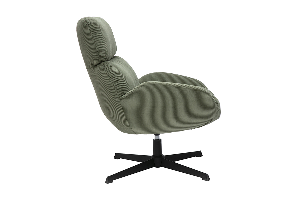 Fauteuil pivotant en tissu velours c�tel� vert kaki et m�tal noir KLEM