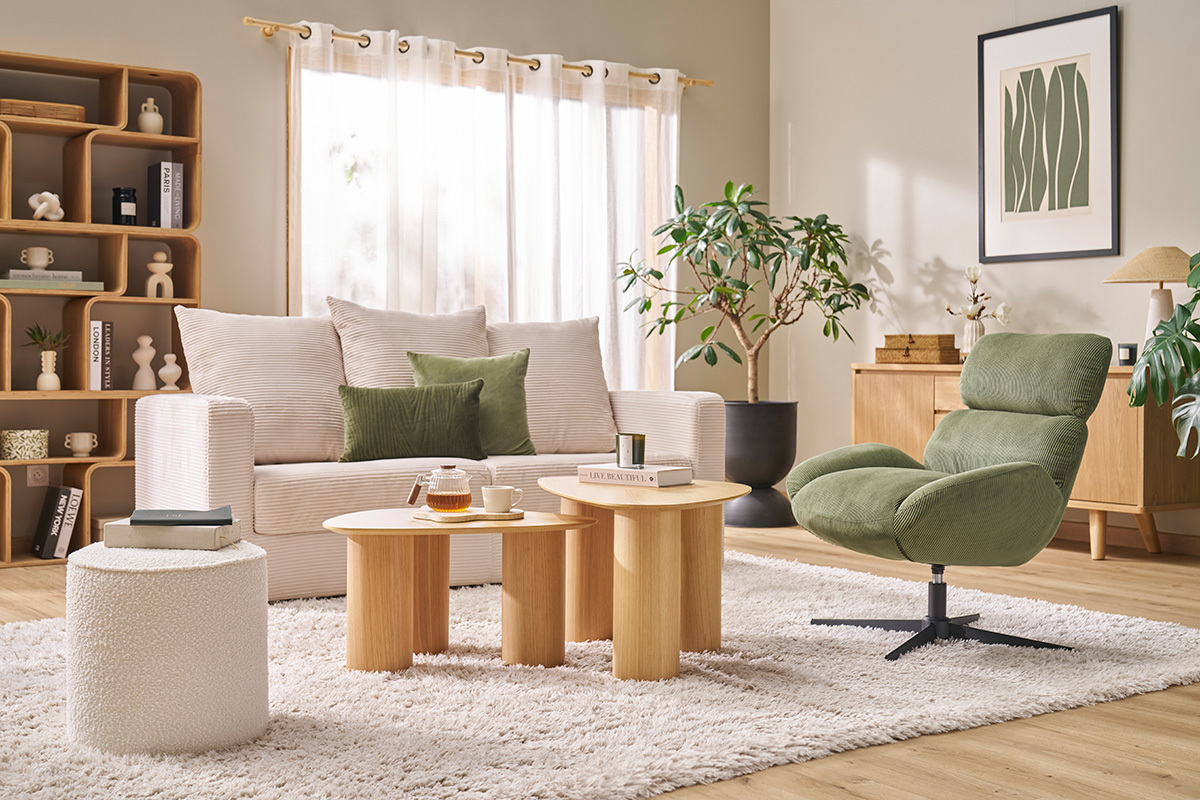 Fauteuil pivotant en tissu velours c�tel� vert kaki et m�tal noir KLEM