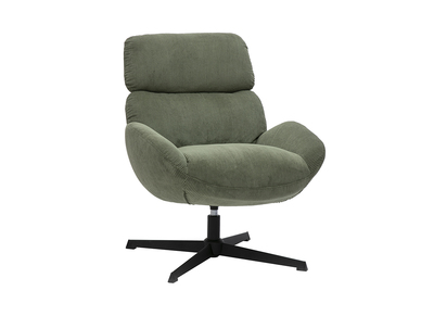Fauteuil pivotant en tissu velours c&ocirc;tel&eacute; vert kaki et m&eacute;tal noir KLEM