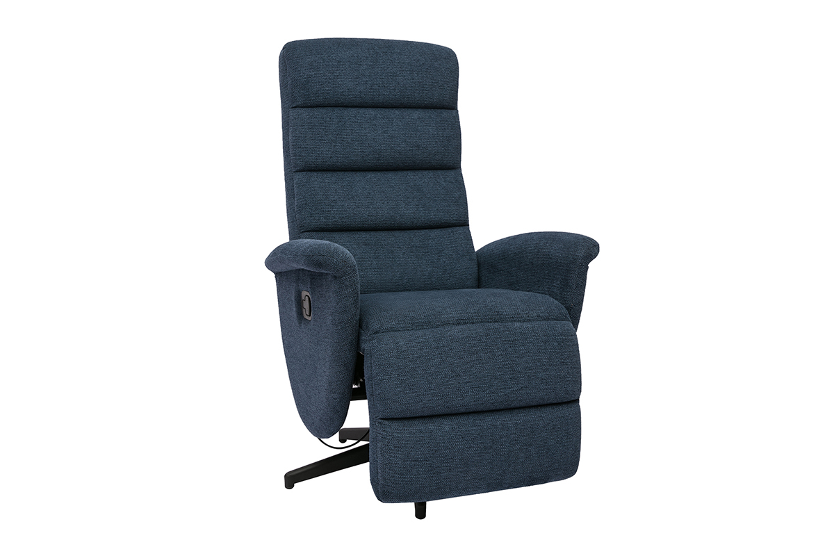 Fauteuil pivotant en tissu bleu fonc�, vue de 3/4.