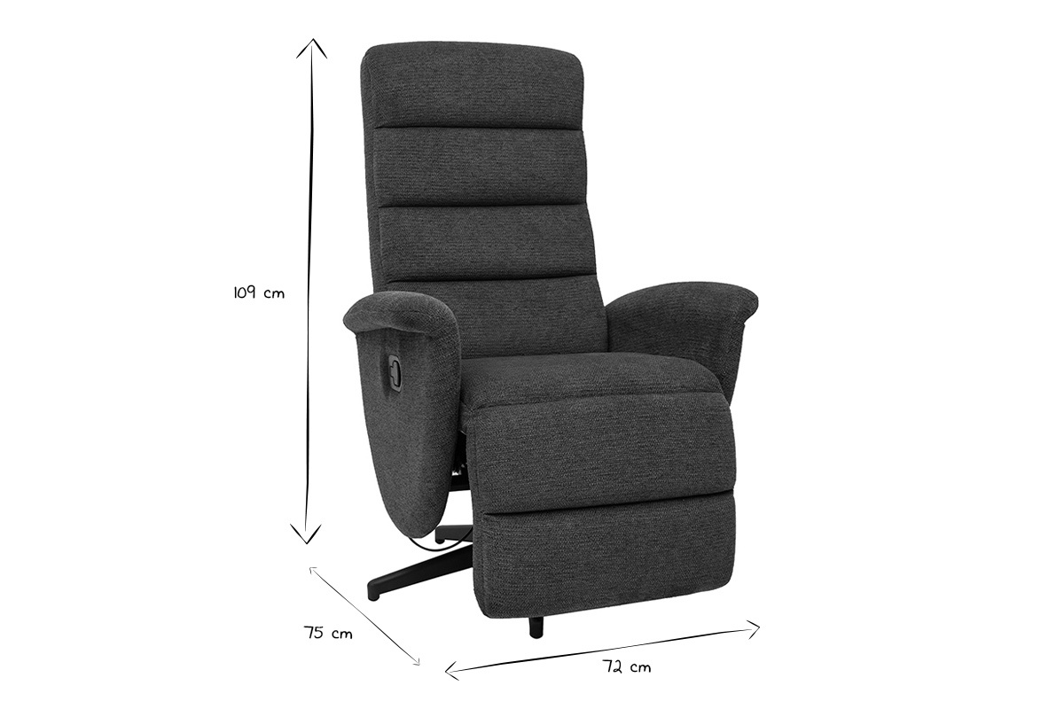 Dimensions du fauteuil pivotant relax manuel en noir et blanc, hauteur 109 cm, profondeur 75 cm, largeur 72 cm.