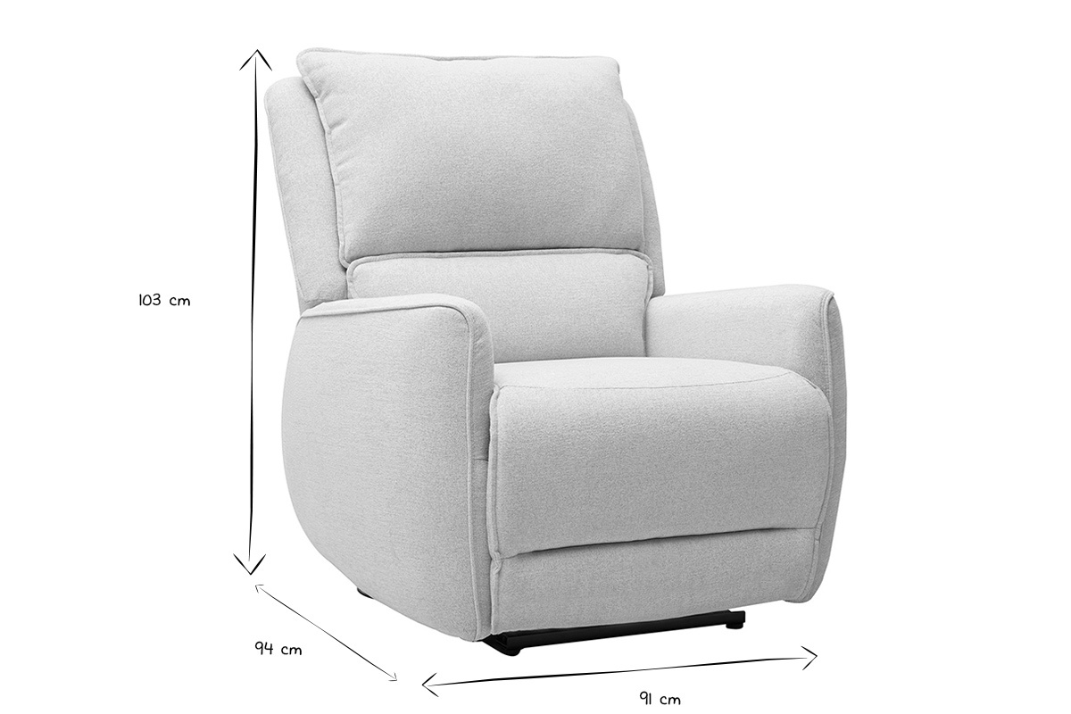 Dimensions du fauteuil relax �lectrique RACHEL en noir et blanc, hauteur 103 cm, profondeur 94 cm, largeur 91 cm.