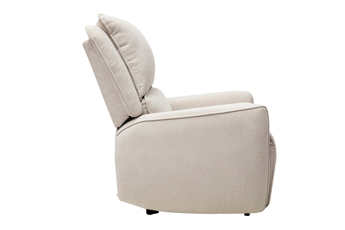 Fauteuil relax �lectrique RACHEL en tissu velours beige, vue de profil.