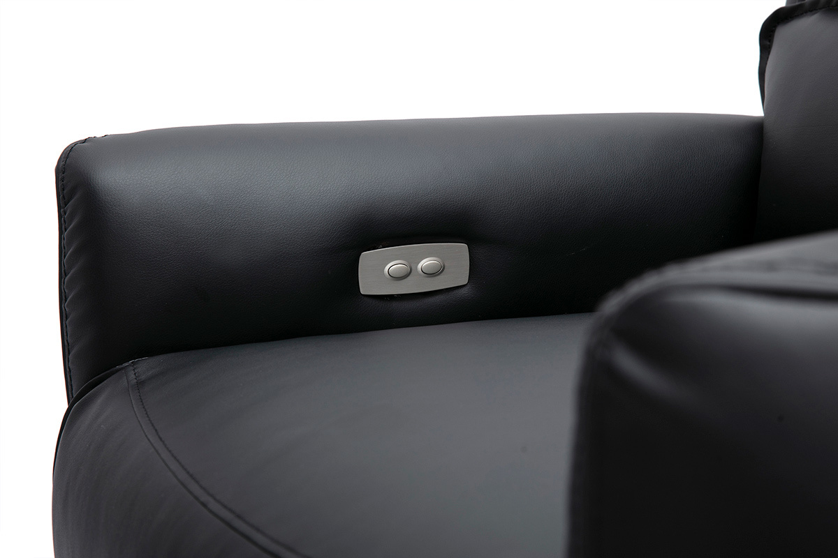 D�tail du bouton de contr�le du fauteuil relax �lectrique noir RACHEL sur l'accoudoir.