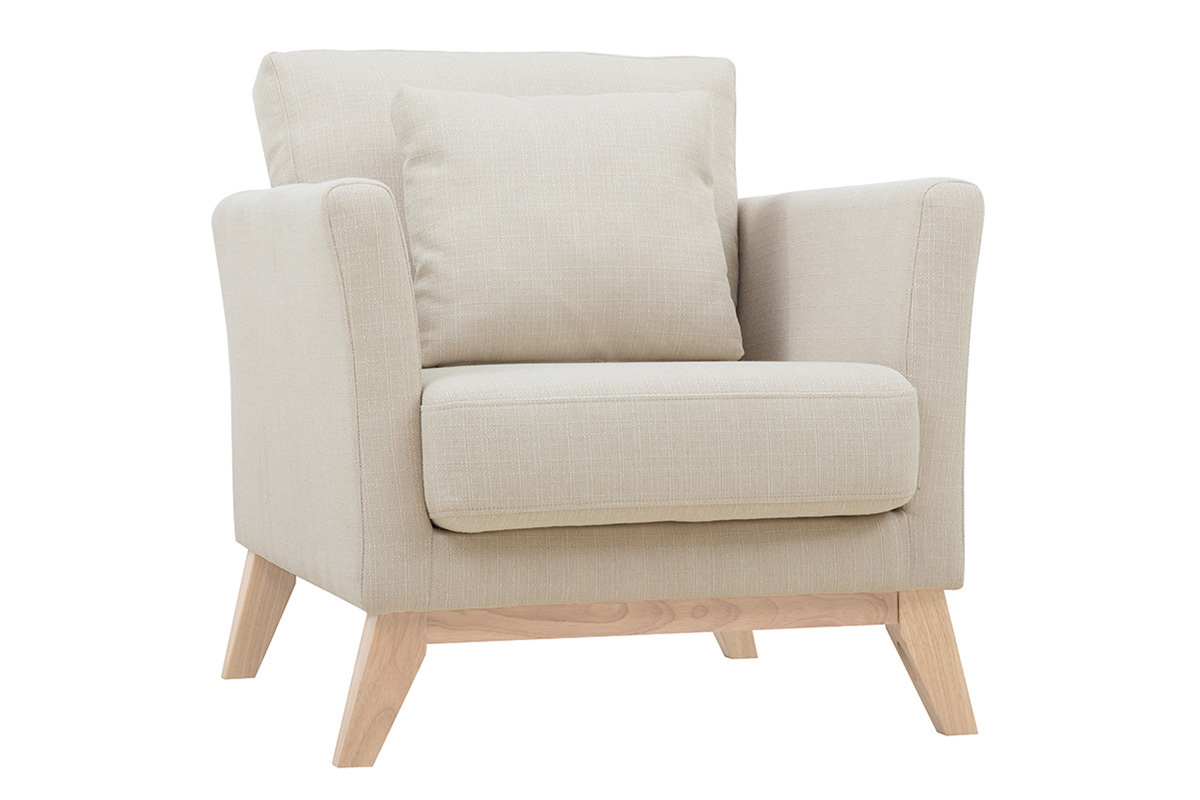 Fauteuil scandinave d�houssable en tissu beige et bois clair OSLO