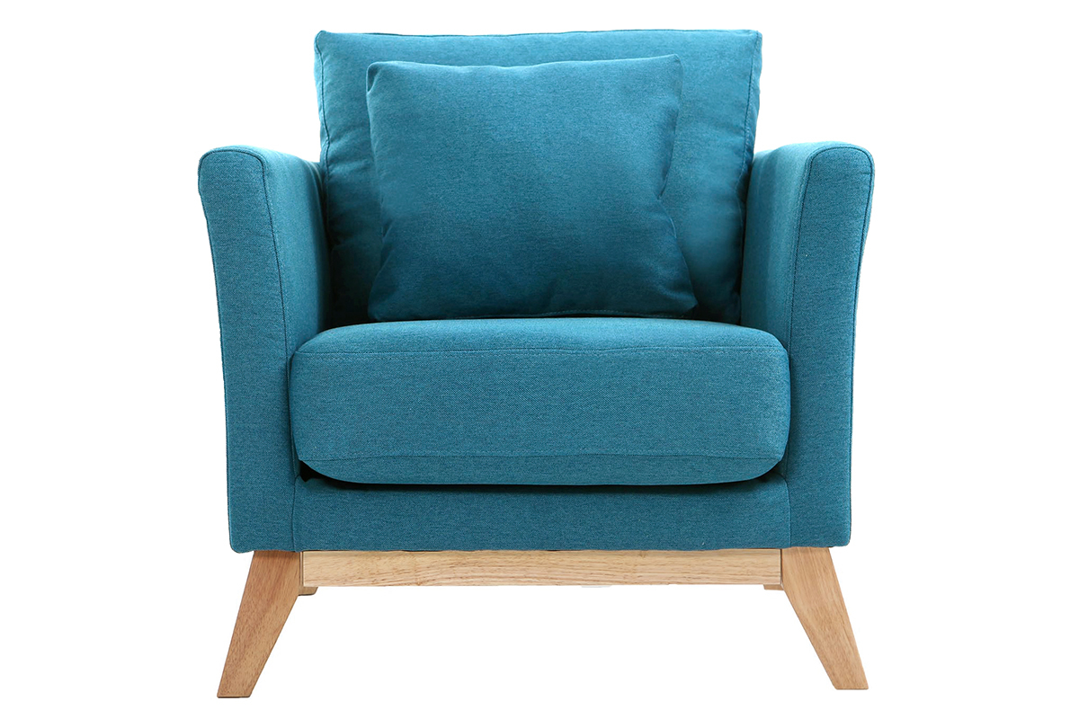 Fauteuil scandinave d�houssable en tissu bleu canard et bois clair OSLO