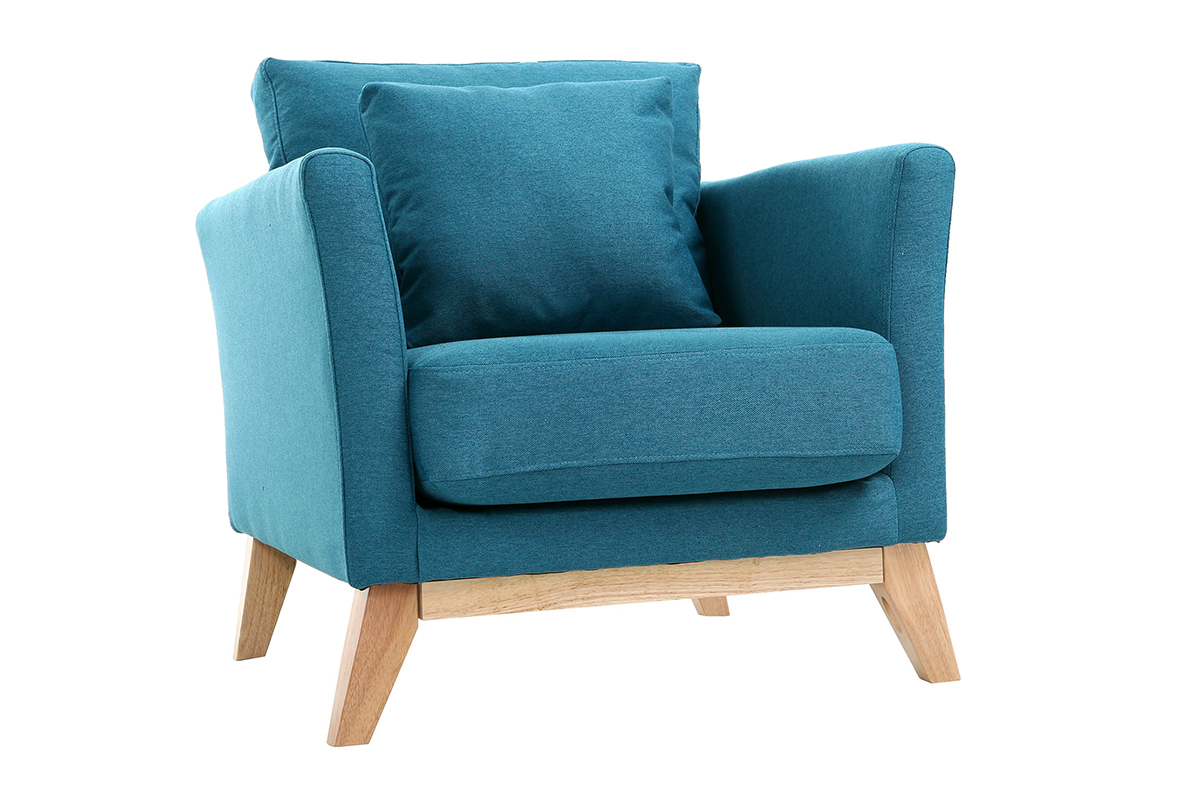 Fauteuil scandinave d�houssable en tissu bleu canard et bois clair OSLO
