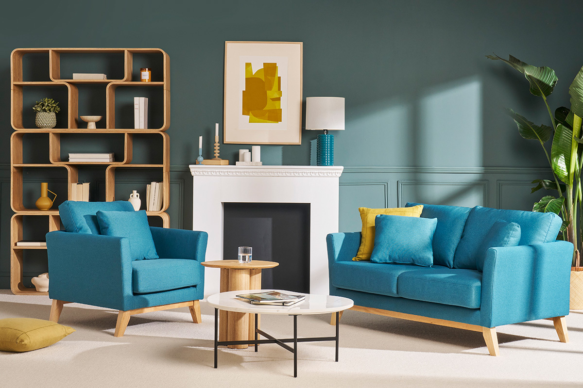 Fauteuil scandinave d�houssable en tissu bleu canard et bois clair OSLO