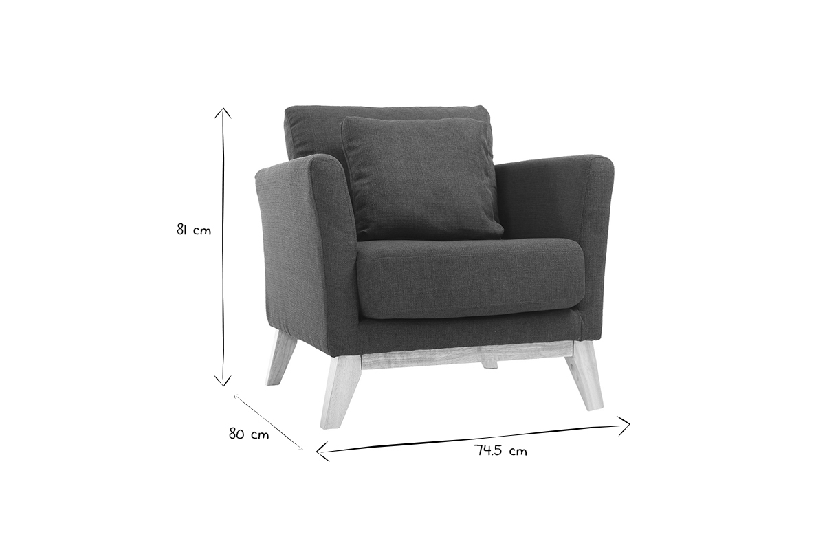 Dimensions du fauteuil OSLO en noir et blanc : L74.5 x P80 x H81 cm.