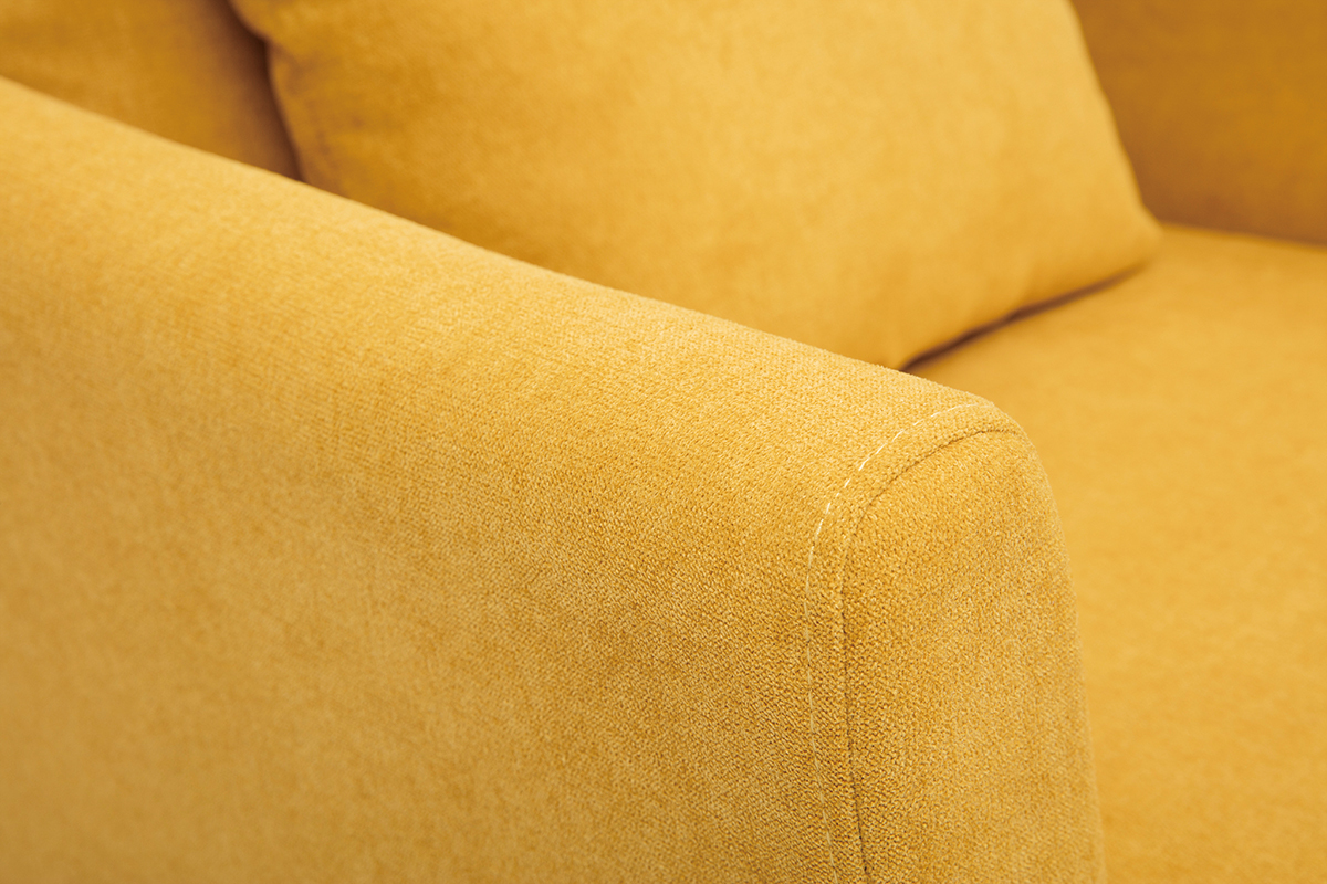 Fauteuil scandinave d�houssable en tissu effet velours jaune moutarde et bois clair OSLO