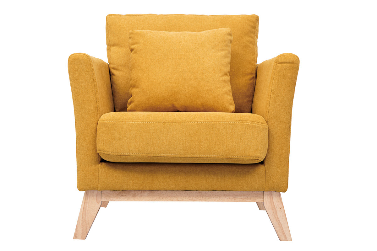 Fauteuil scandinave d�houssable en tissu effet velours jaune moutarde et bois clair OSLO