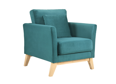 Fauteuil scandinave d&eacute;houssable en tissu velours bleu p&eacute;trole et bois clair OSLO