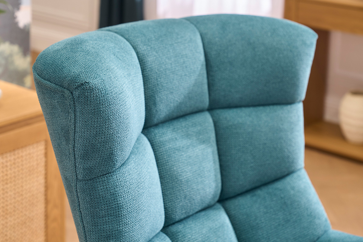 Fauteuil scandinave en tissu chenille bleu canard et bois clair BRODY
