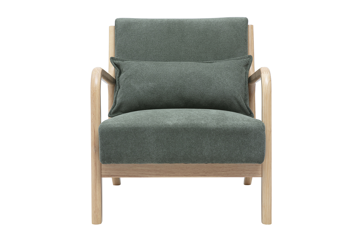 Fauteuil scandinave DERRY en tissu chenille vert kaki et bois clair, vue de face
