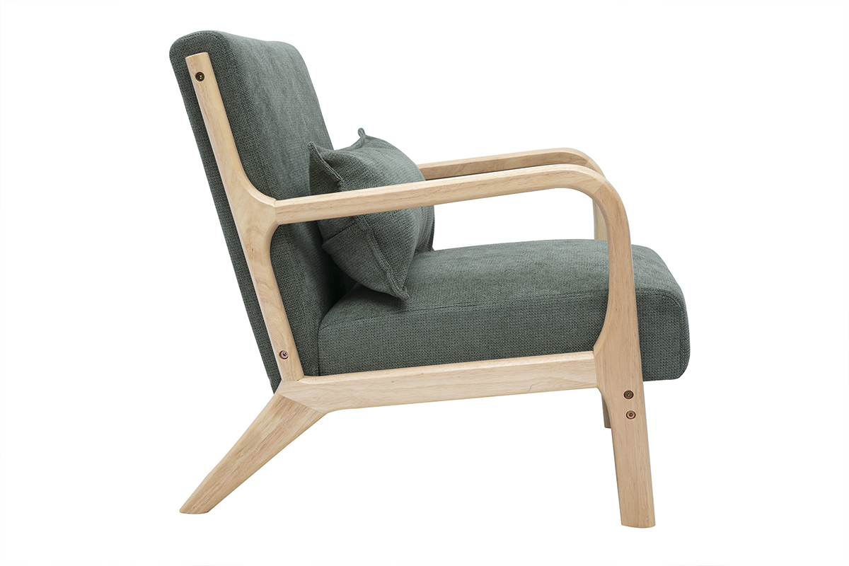 Fauteuil scandinave DERRY en tissu chenille vert kaki, vue de profil avec structure en bois clair