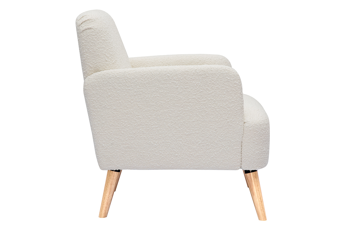 Fauteuil scandinave en tissu effet laine boucl�e blanc cass� et bois clair ISKO