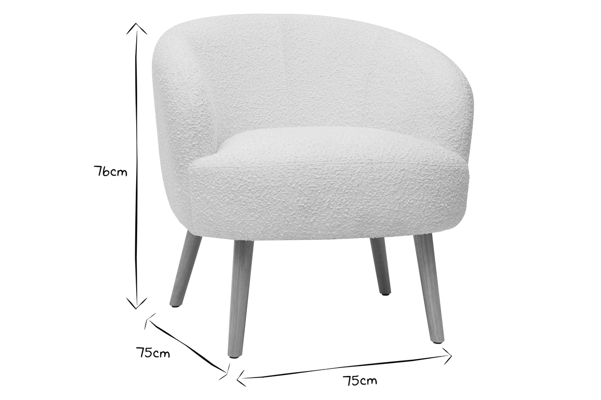 Fauteuil scandinave en tissu effet laine boucl�e blanc cass� et bois clair MAGGIE