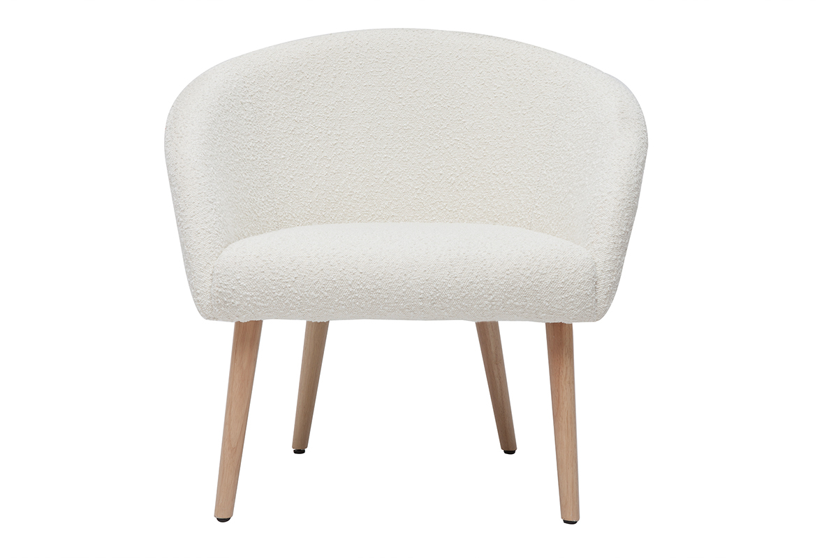 Fauteuil scandinave en tissu effet laine boucl�e blanc cass� et bois clair OLIVIA