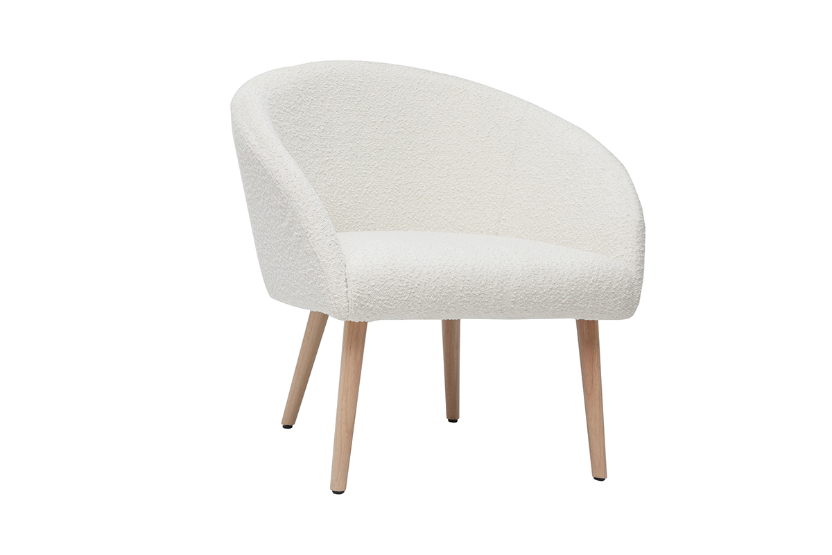 Fauteuil scandinave en tissu effet laine boucl�e blanc cass� et bois clair OLIVIA