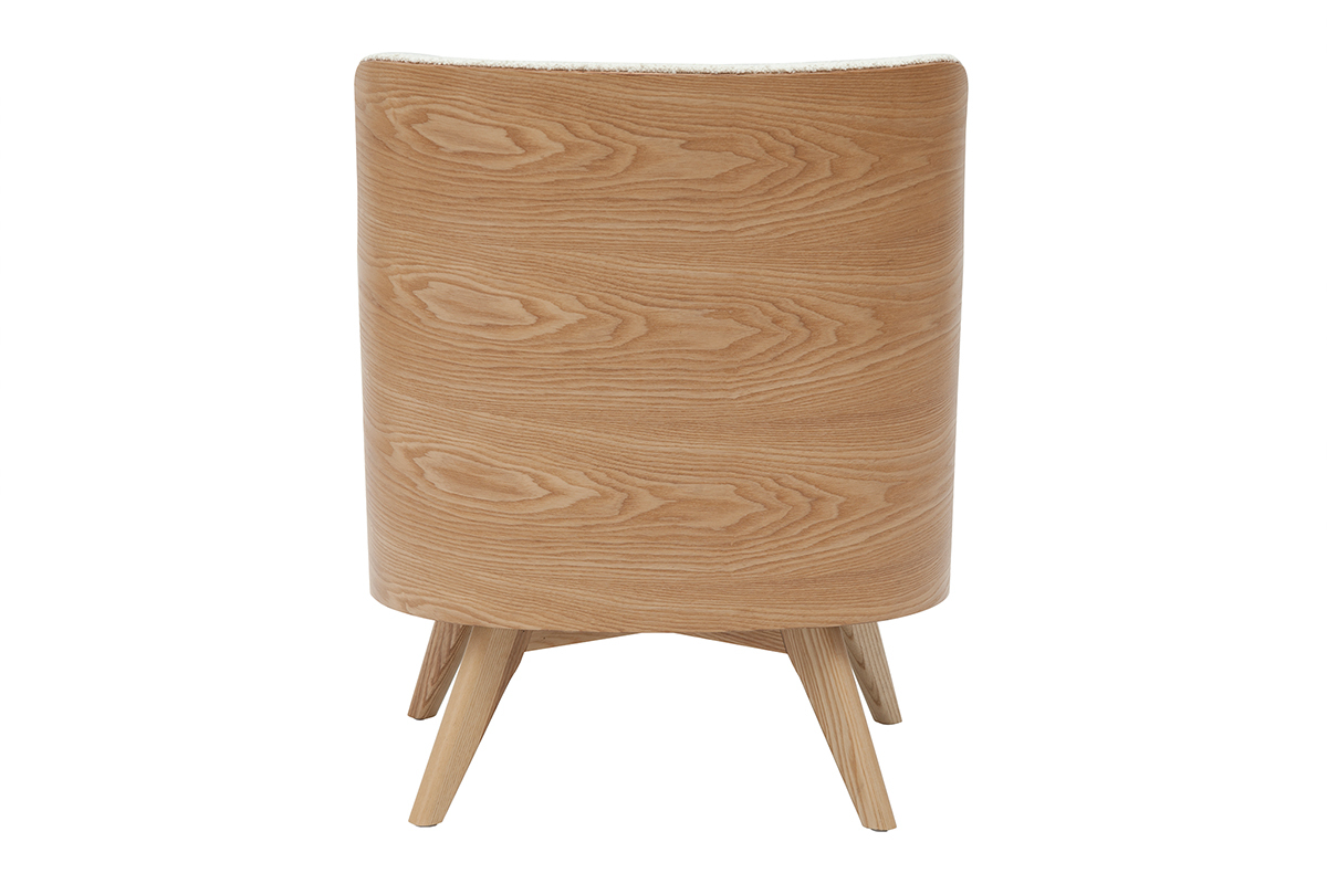 Fauteuil scandinave en tissu effet laine boucl�e blanc cass� et bois clair VALMY