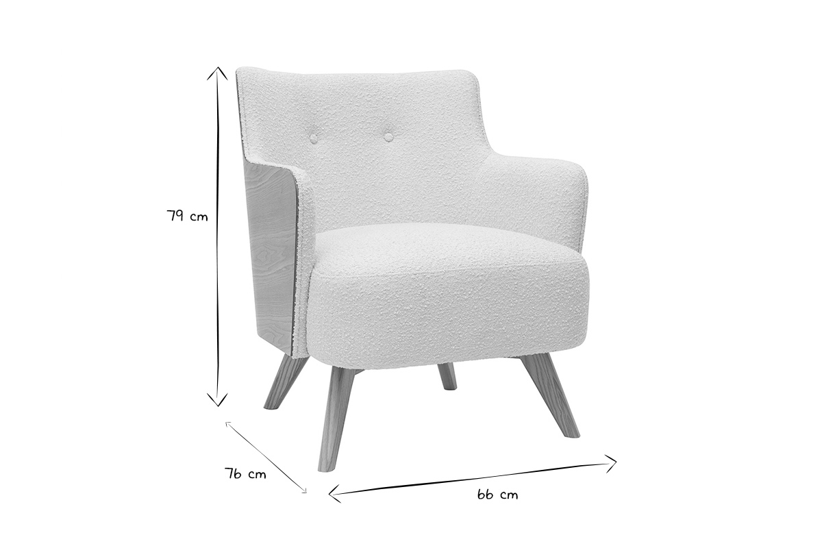 Fauteuil scandinave en tissu effet laine boucl�e blanc cass� et bois clair VALMY