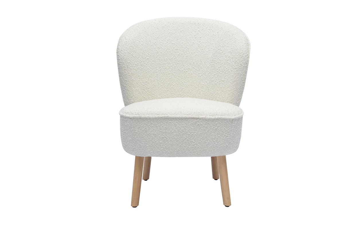 Fauteuil scandinave en tissu effet laine boucl�e blanc et bois clair AMANITA