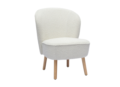 Fauteuil scandinave en tissu effet laine boucl&eacute;e blanc et bois clair AMANITA