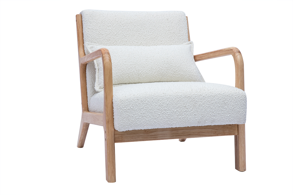 Fauteuil scandinave en tissu effet laine boucl�e blanc et bois clair massif DERRY