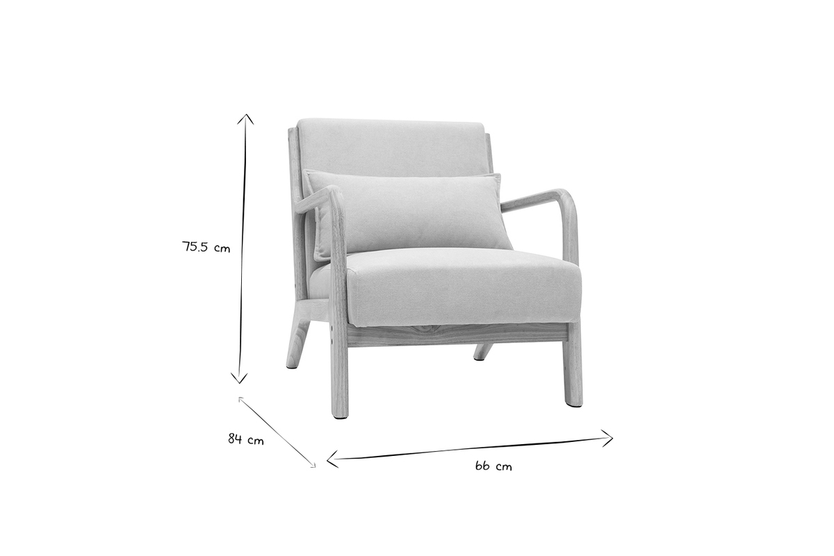 Fauteuil scandinave en tissu effet laine boucl�e blanc et bois clair massif DERRY