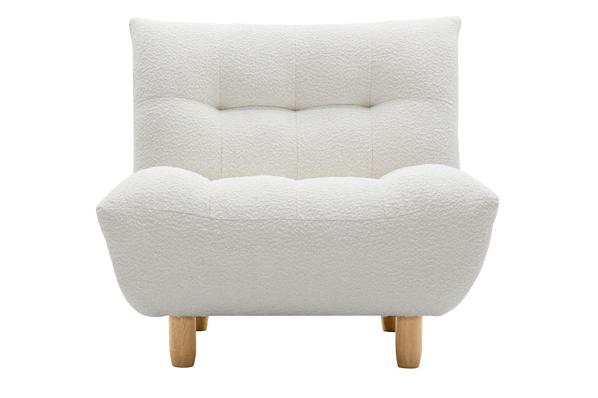 Fauteuil scandinave en tissu effet laine boucl�e blanc et bois clair YUMI