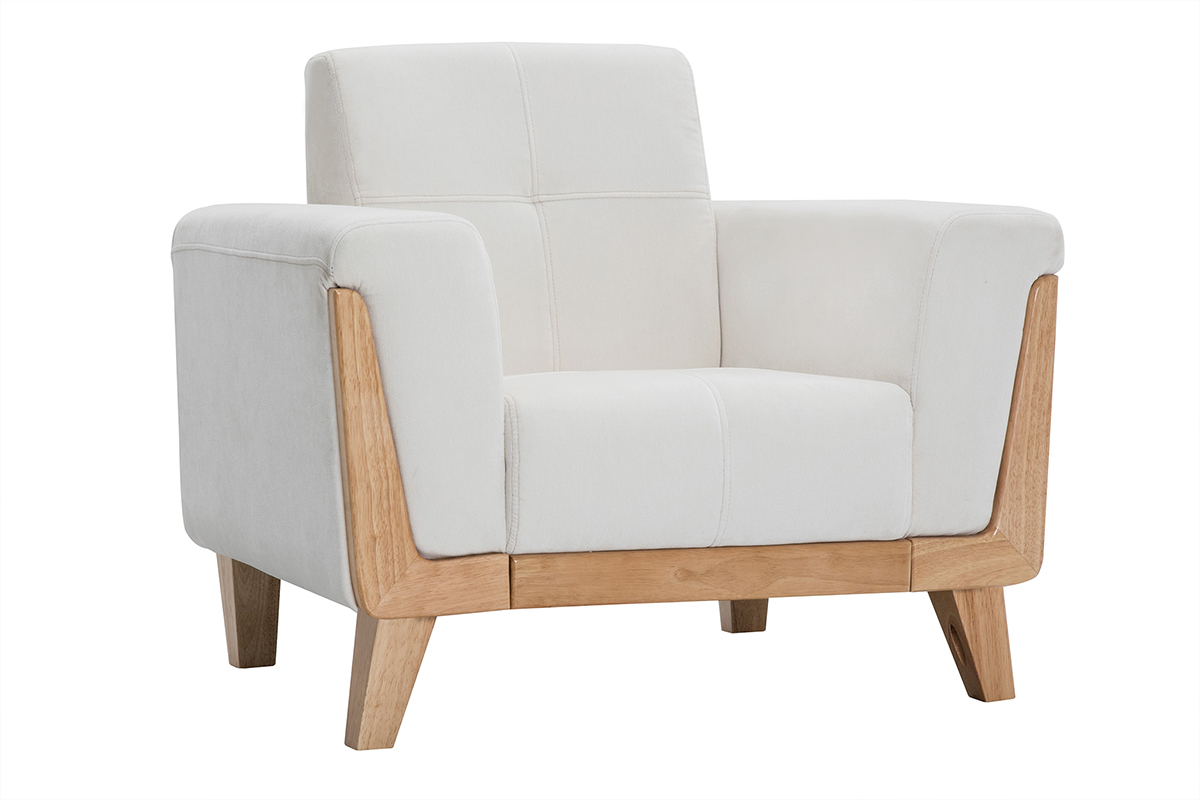 Fauteuil scandinave en tissu effet velours blanc cass� et bois clair FJORD