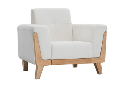 Fauteuil scandinave en tissu effet velours blanc cass&eacute; et bois clair FJORD